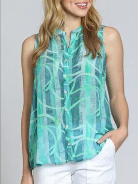 APNY BUTTON UP TANK IN”SEAGLASS TIDES” GREEN AND BLUE ABSTRACT PRINT BLOUSE XS